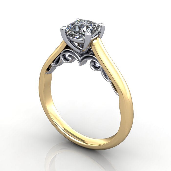 Solitaire Diamond Ring, RS35. Yellow Gold, Cushion, 3D