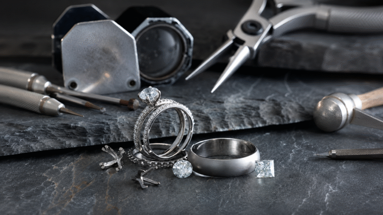Jewellers bench with platinum engagement ring
