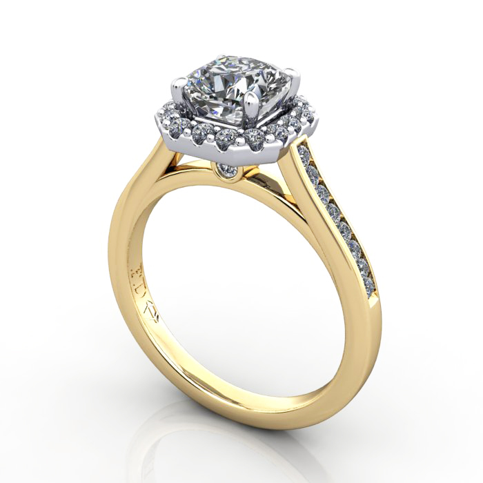 Cushion Engagement Ring, Yellow Gold, RH4, 3D
