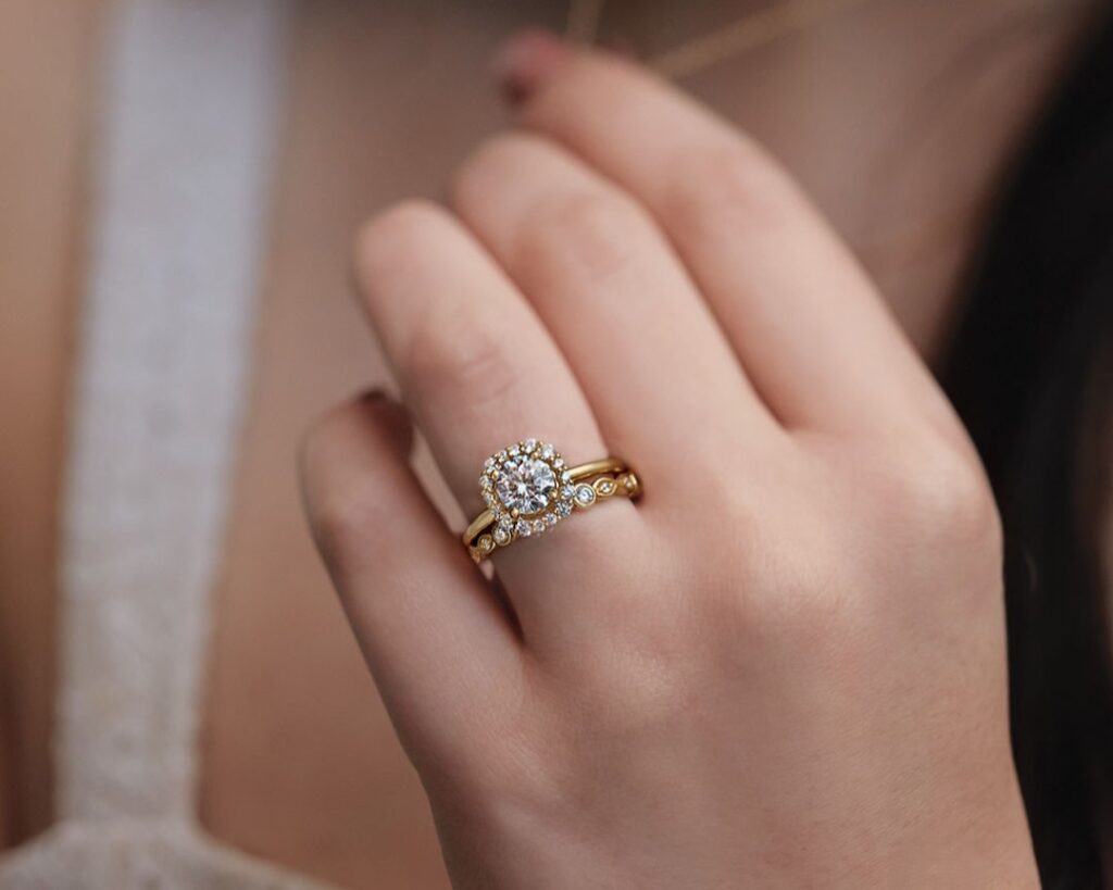 Gold Halo Ring Wedding Set