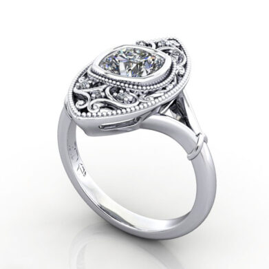 Thumb Cushion Cut Vintage Diamond Ring Platinum RV5 3D