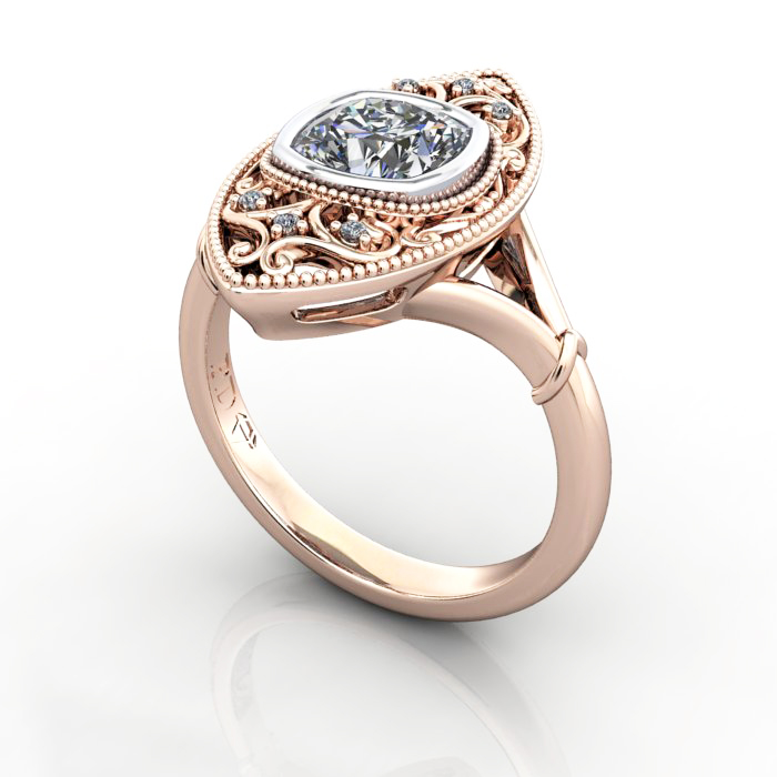 Cushion Cut Vintage Diamond Ring Rose Gold RV5 3D Cushion Cut Vintage Diamond Ring Rose Gold RV5 3D