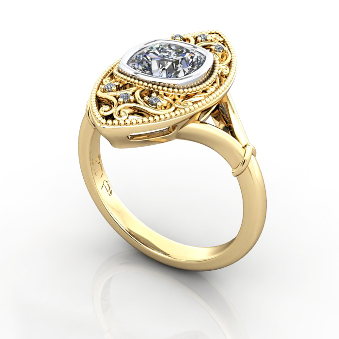 Cushion Cut Vintage Diamond Ring Yellow Gold RV5 3D