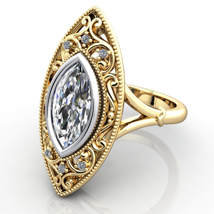 Marquise Cut Vintage Diamond Ring Yellow Gold RV5 LF