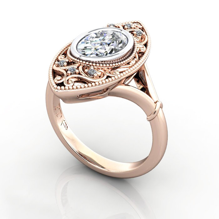 Oval Cut Vintage Diamond Ring Rose Gold RV5 3D Oval Cut Vintage Diamond Ring Rose Gold RV5 3D