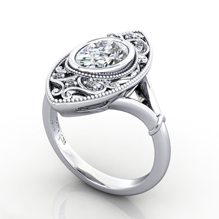 Thumb Oval Cut Vintage Diamond Ring White Gold RV5 3D