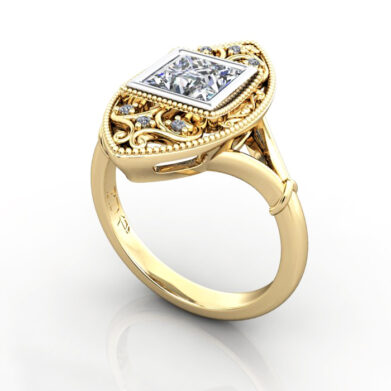 Princess Cut Vintage Diamond Ring Yellow Gold RV5 3D