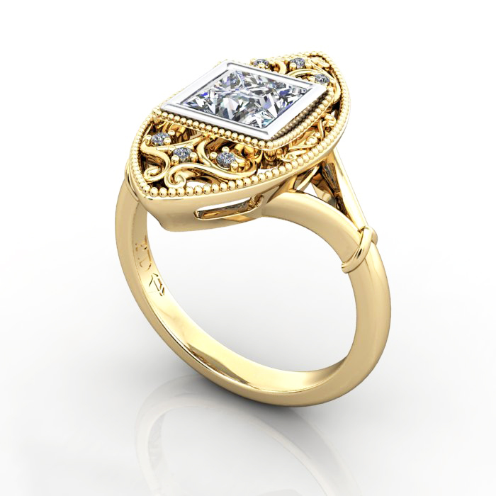 Princess Cut Vintage Diamond Ring Yellow Gold RV5 3D Princess Cut Vintage Diamond Ring Yellow Gold RV5 3D