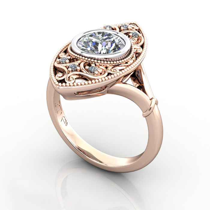 Round Brilliant Vintage Diamond Ring Rose Gold RV5 3D
