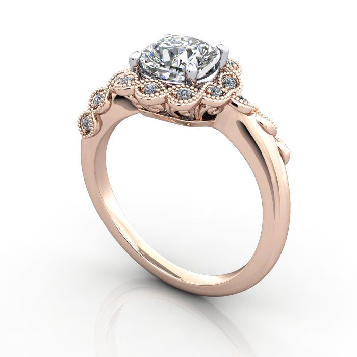 Cushion Cut Vintage Diamond Ring Rose Gold RV6 3D