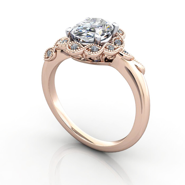 Oval Cut Vintage Diamond Ring Rose Gold RV6 3D