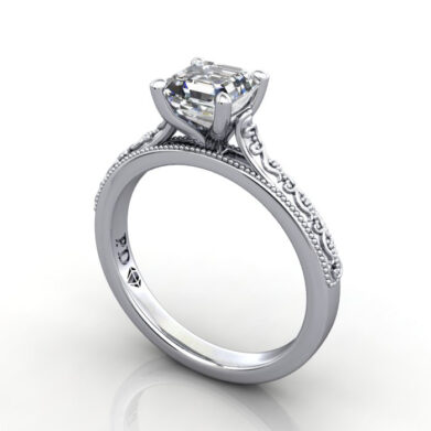 Asscher Cut Vintage Diamond Ring White Gold RV2 3D