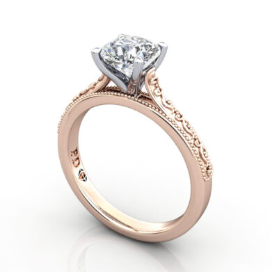 Cushion Cut Vintage Diamond Ring Rose Gold RV2 3D