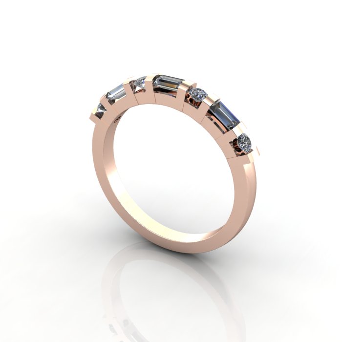 Round & Baguette Anniversary Diamond Ring Rose Gold RA3 3D